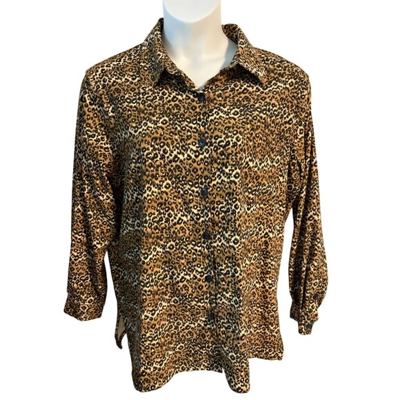 Denim & Co Womens Leopard Animal Print Button Down Shirt Size 1X Soft Stretch - Picture 1 of 7